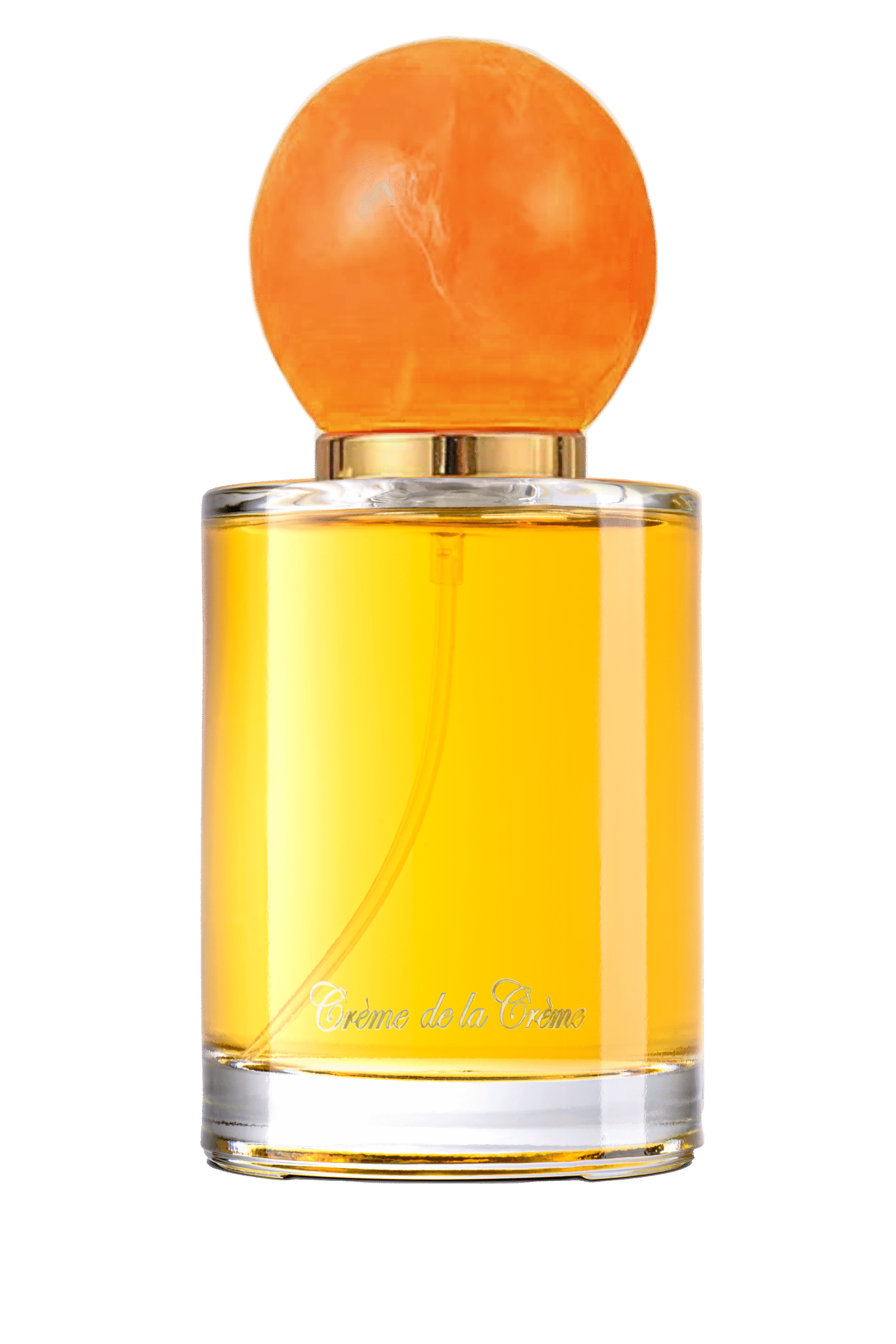 Perfumes And Why We Love Them, heavy base cylinder glass perfume bottle with spherical ball closure on white isolated background