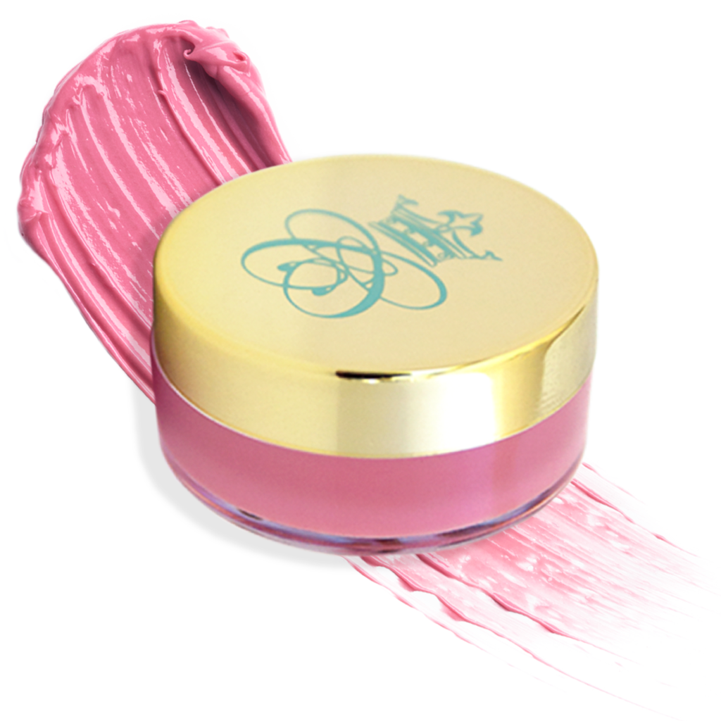 Skincare, pink lip balm in flat round container with gold lid and pink lip balm smear on white isolated background