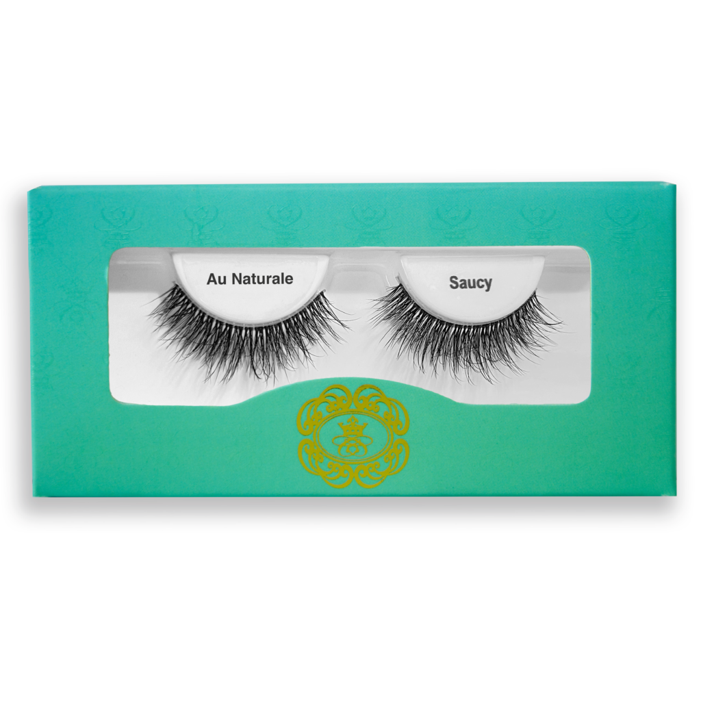 Sultry Biodegradable Eyelashes black strip eyelashes in gradient blue-green eyelash box on white isolated background.