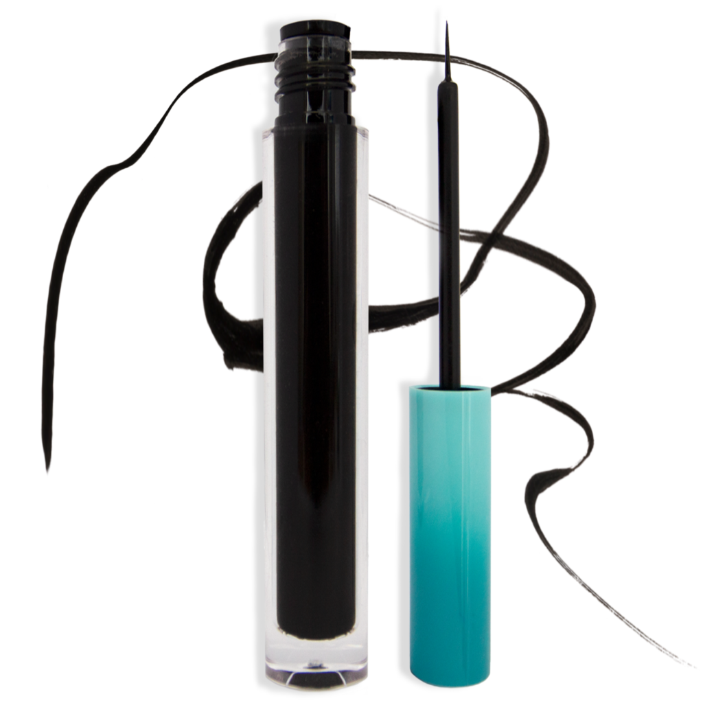 Makeup, black eyeliner in clear tube with fine tip eyeliner brush wand with black eyeliner scribbles on white isolated background