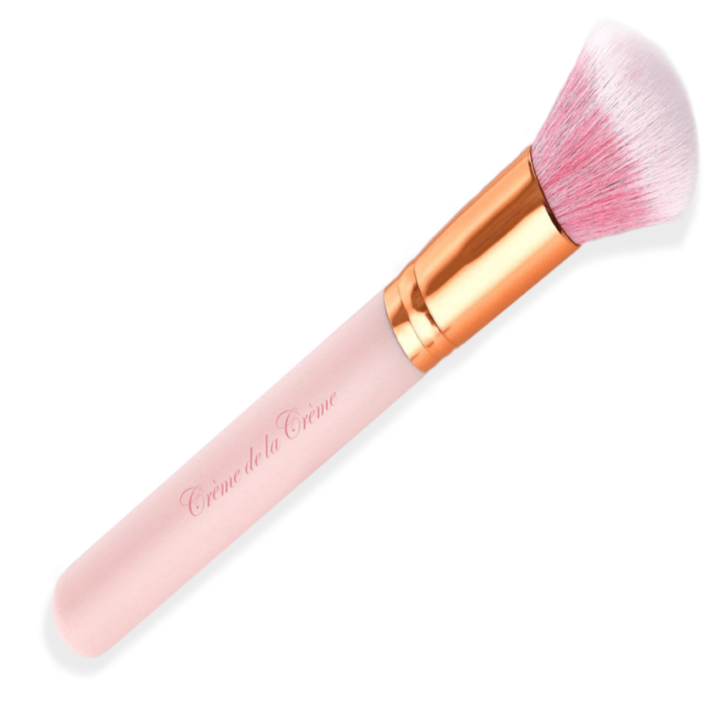 Makeup, baby pink blush brush with rose gold ferrule, fluffy white to pink gradient bristle and pink wooden handle
