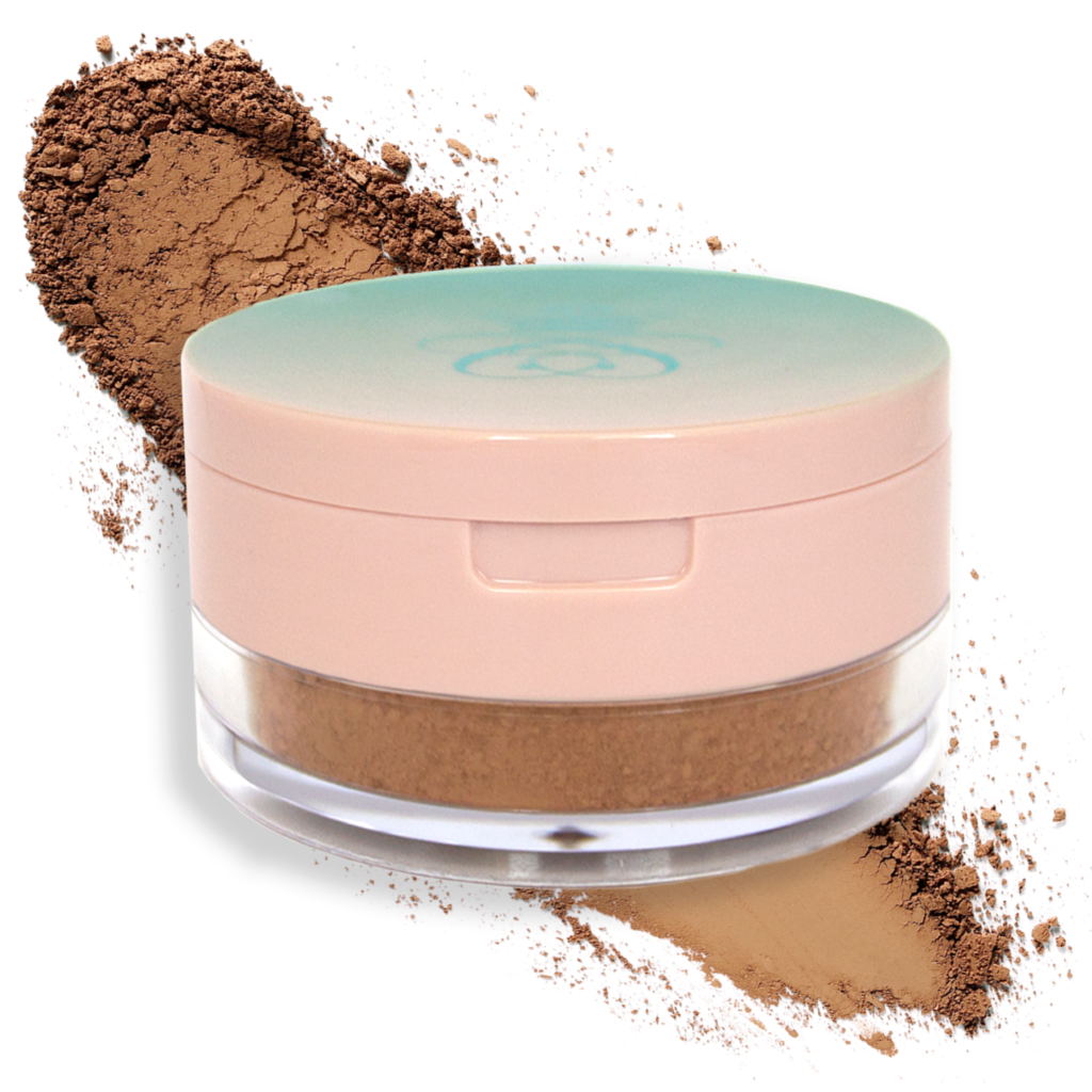 Baked Goods, deep brown loose setting powder in clear a jar with pink lid and powder smudge on white isolated background