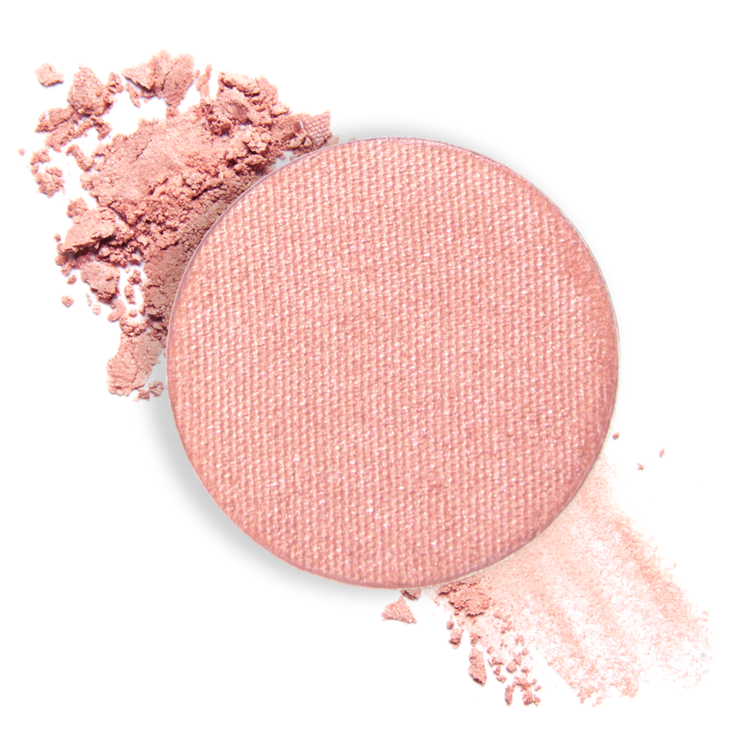 a close up of a pink shimmer pressed eyeshadow pan with broken pink eyeshadow smudge on white isolated background
