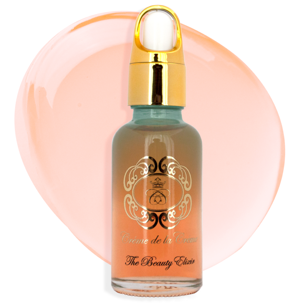 Skincare, the beauty elixir face oil serum in gradient blue to clear bottle with gold dropper cap with large oil drop in background