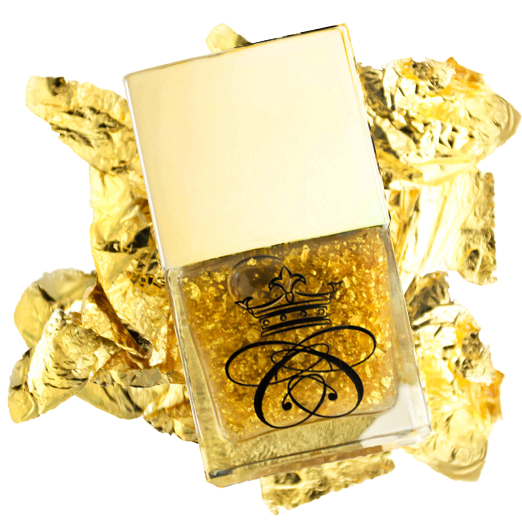 square glass nail polish bottle with 24K gold nail lacquer top coat on white isolated background