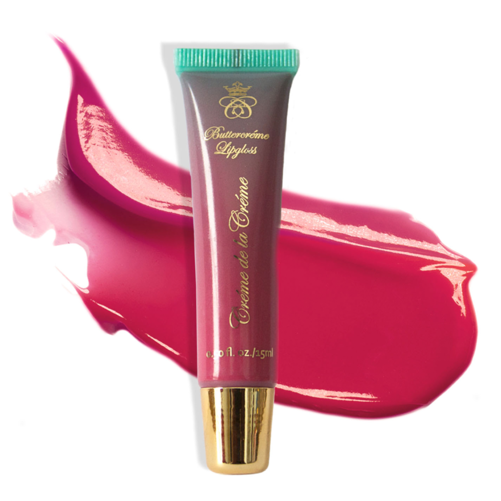 Book an Appointment, pink-red lip gloss in soft squeeze tube with lip gloss texture smear on white isolated background