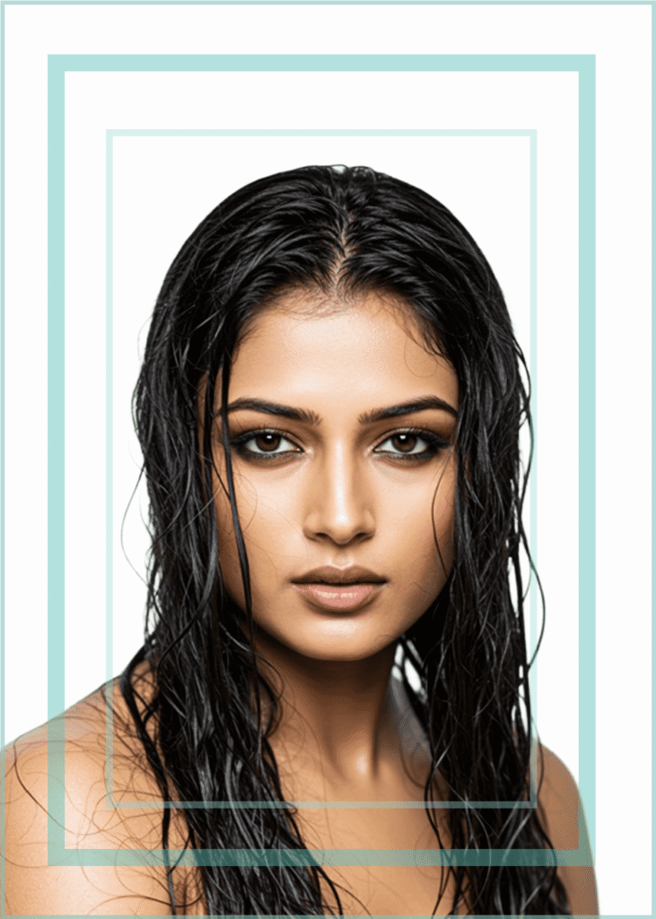 Hair styling blow drying wet hair beautiful south Asian woman with wet hair and soft glam makeup on white isolated background with blue decorative boarder