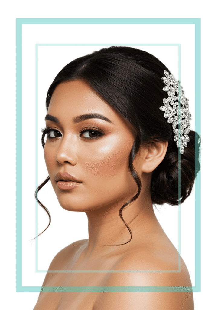 Makeup artistry Beautiful Asian woman with up-do hairstyle and bridal hair accessory soft glam makeup on white isolated background with blue decorative boarder