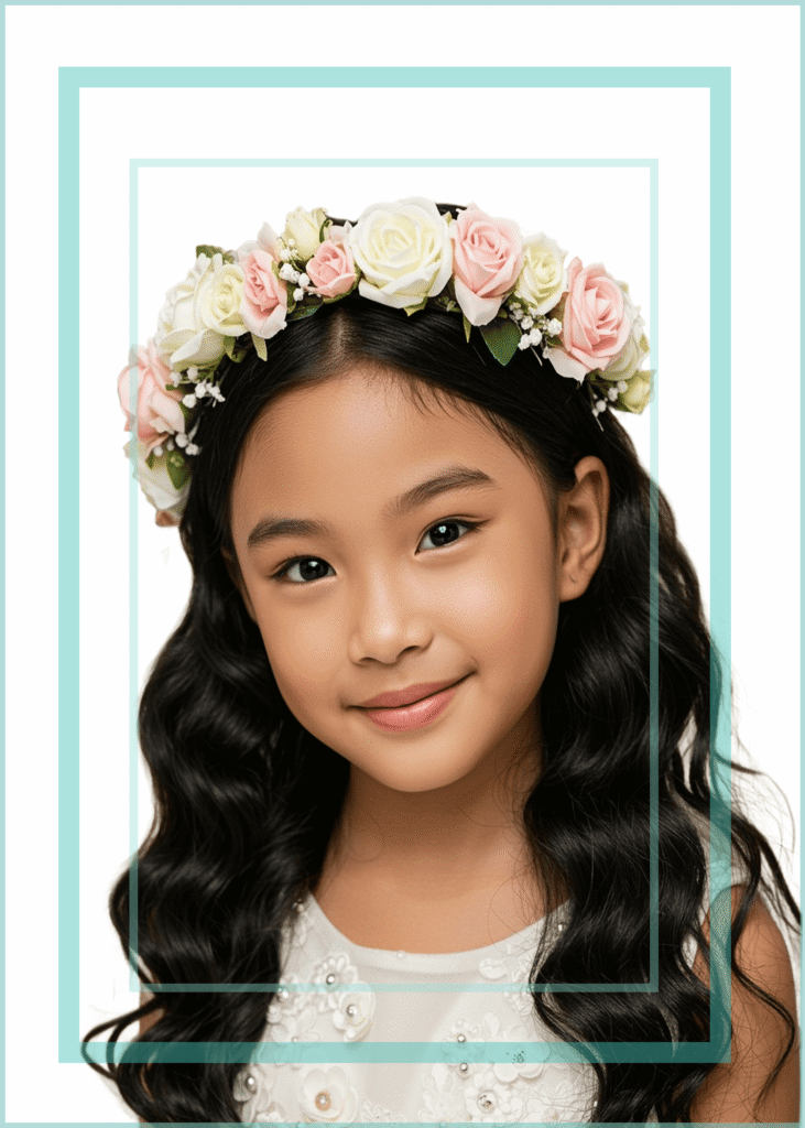 Hair styling for flower girl with portraits of young asian girl with flower crown in her long hair on white isolated background with blue decorative boarder