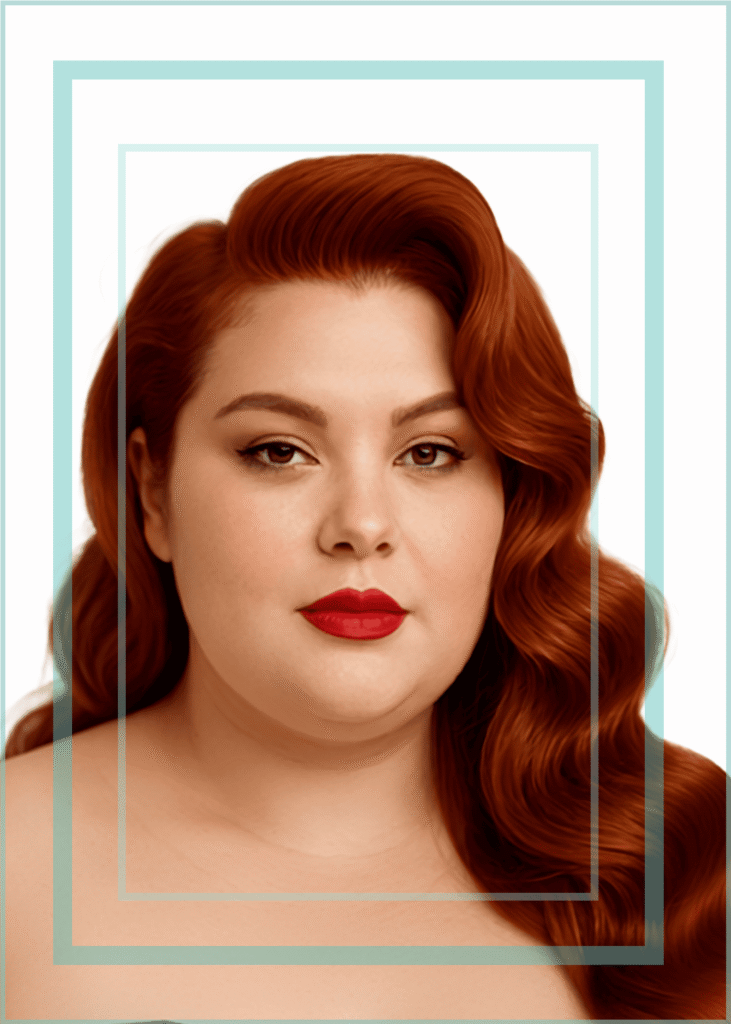 Clip in extensions Hair styling portrait of beautiful woman with red hair and soft glam makeup on white isolated background with blue decorative boarder