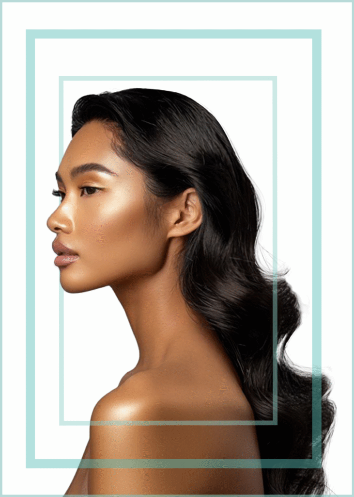 Hair styling portrait of beautiful South east Asian woman with long black hair and soft glam makeup on white isolated background with blue decorative boarder