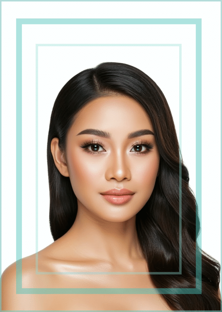 Hair styling portrait of beautiful asian woman with long black hair and soft glam makeup on white isolated background with blue decorative boarder