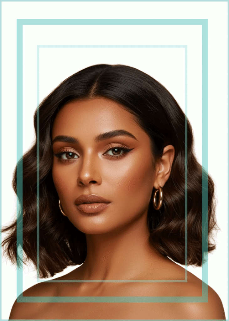 Hair styling portrait of beautiful woman with medium length hair and soft glam makeup on white isolated background with blue decorative boarder