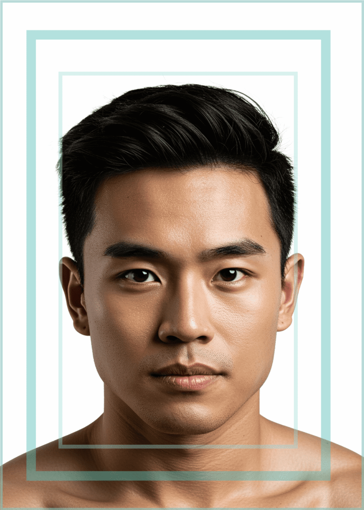 Men's Grooming portrait of handsome East Asian man on white isolated background with light blue decorative border