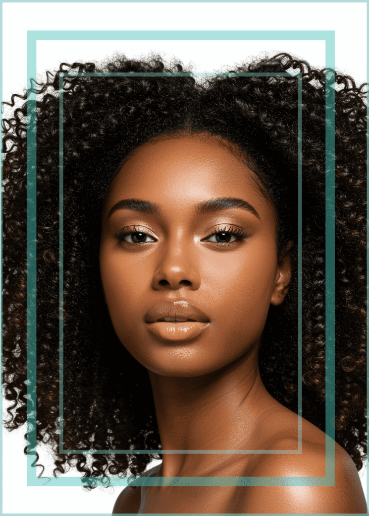 Makeup artistry Pretty peepers eye makeup package beautiful black woman with afro hair and soft glam makeup on white isolated background with blue decorative boarder