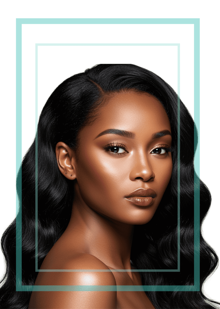 Makeup artistry Beautiful black woman with long hair and soft glam makeup on white isolated background with blue decorative boarder