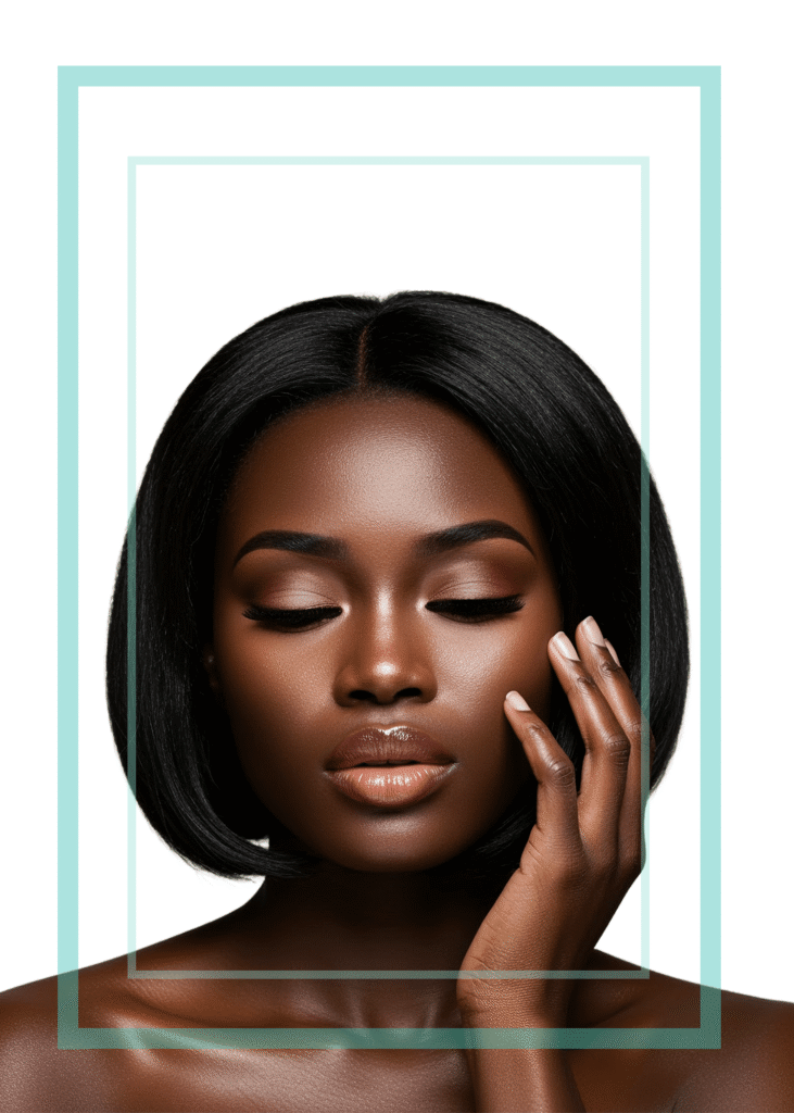 Hair styling portrait of beautiful black woman with short bob hair style and soft glam makeup on white isolated background with blue decorative boarder