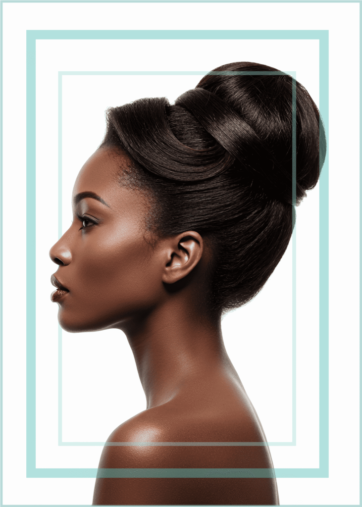 Hair styling services profile of beautiful black woman with a structured up-do hairstyle