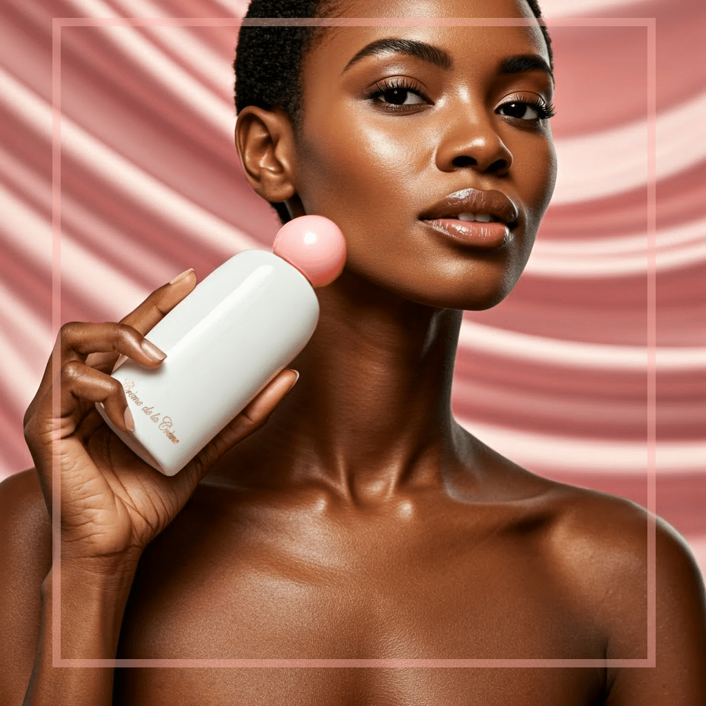 Transepidermal water loss, beautiful model holding bottle of Crème Fraîche body lotion on pink satins draped background